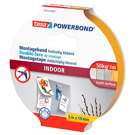 Tesa Powerbond mounting tape. The product is pictured on packaging showing instructions for indoor use and on various surfaces.