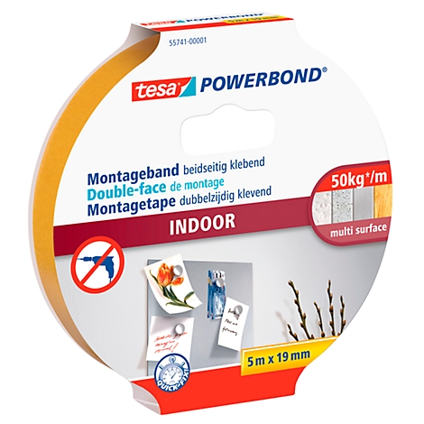 tesa POWERBOND mounting tape. The packaging shows yellow tape, product information and application examples.