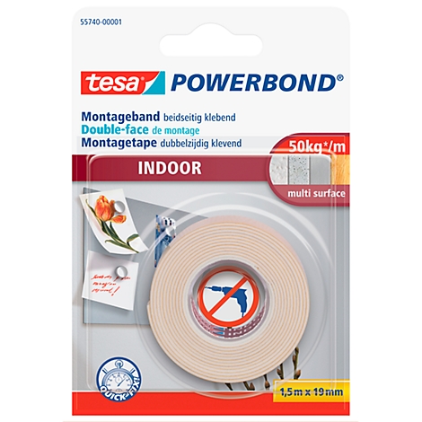 A roll of double-sided tape, Tesa Powerbond brand. Packaging with text and illustrations indicating the use and properties of the tape.