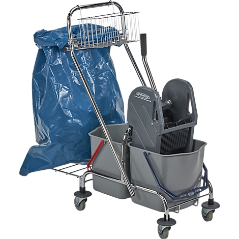 Cleaning cart with buckets, mop press, blue trash bag, and basket, on wheels.