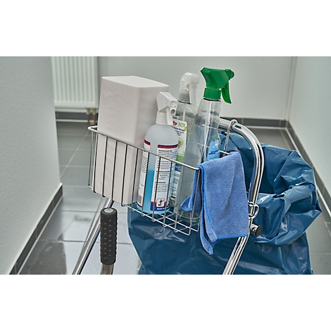 Cleaning cart with cleaning agents and a blue cleaning cloth.