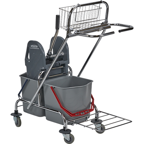 A silver cleaning cart with two buckets, a press, a basket and a shelf. Grey buckets, red and blue handles.