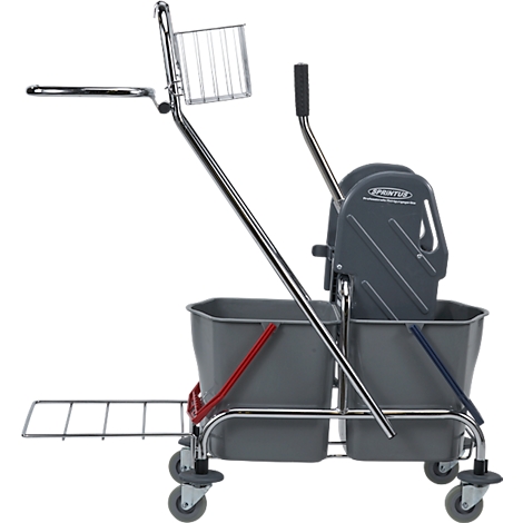 Gray cleaning cart with two buckets, a press attachment and a frame with accessories. On castors.