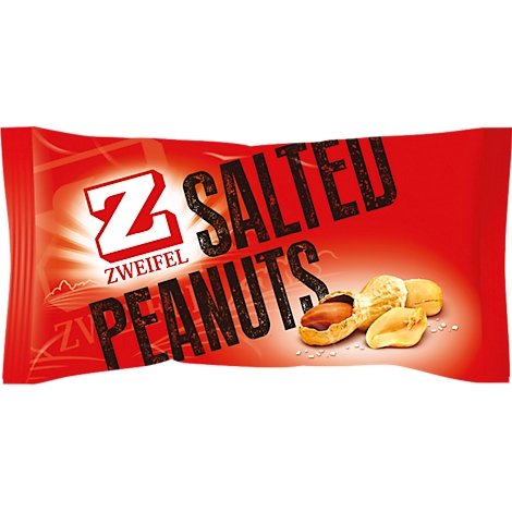 Red snack packaging with the inscription 'ZWEIFEL SALTED PEANUTS'. Roasted peanuts, in shell and without, are in front of it.