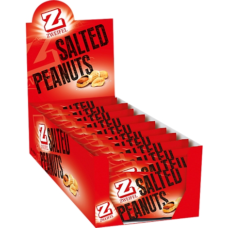 Red packaging with "Zweifel Salted Peanuts" print, peanuts pictured.