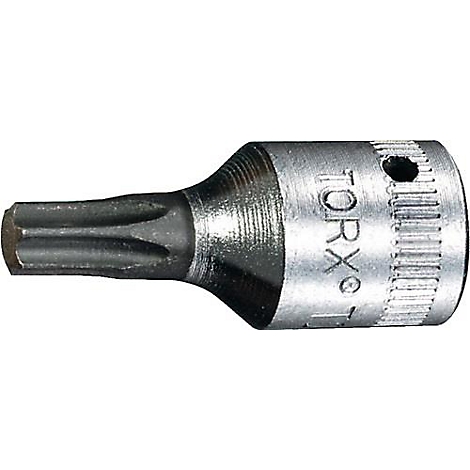 Un embout Torx argenté gravé 'TORX', avec une tête hexagonale.
