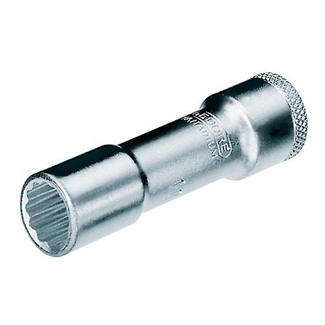 Outil chromé, tubulaire, avec douille multi-dents et extrémité moletée. Étiquetage clair du produit.