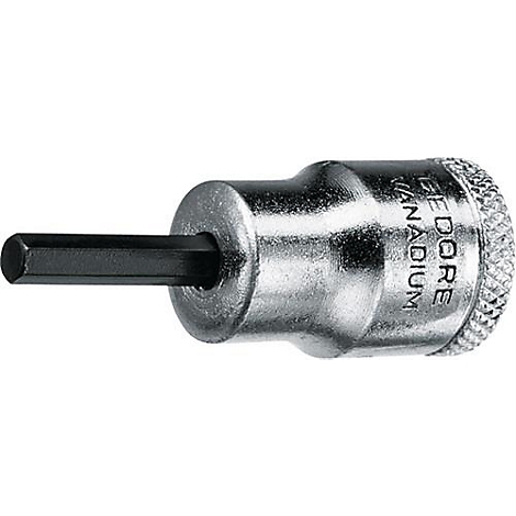 Gros plan d'une clé à douille en métal avec un embout hexagonal. La tête porte la mention "GEDORE VANADIUM" en majuscules.