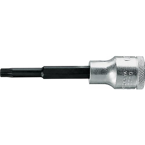 Embout Torx, partiellement dans une douille argentée, avec une tige hexagonale noire. La douille est moletée.