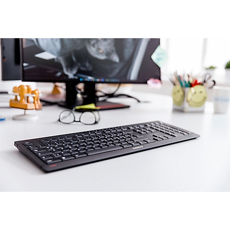 Zwart toetsenbord op een witte tafel, naast een bril, pennen en een monitor met een kattenafbeelding.