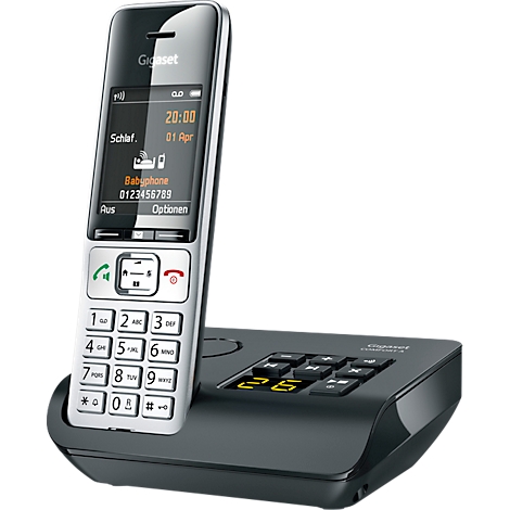 Draadloze telefoon met display. Het display toont tijd en datum, evenals menu-items. Er zitten toetsen op het basisstation.