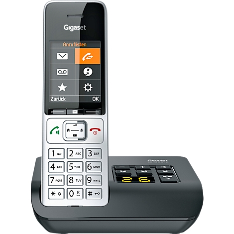 Een zilverkleurige Gigaset-telefoon met touchscreen en toetsenbord staat op een zwart oplaadstation.