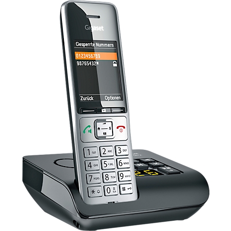 Draadloze telefoon met basisstation, display met geblokkeerde nummers.
