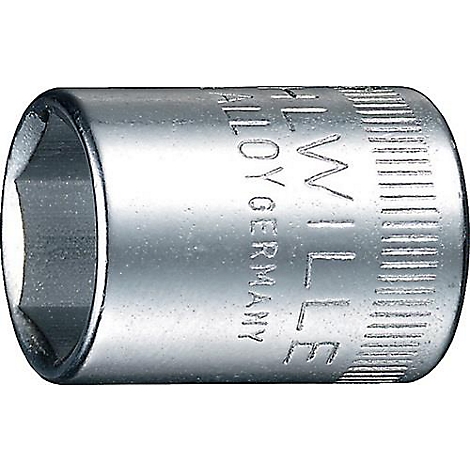 Close-up van een metallic zeskantige dopsleutel. Gelabeld met 'WILLE' en 'ALLOY GERMANY'.