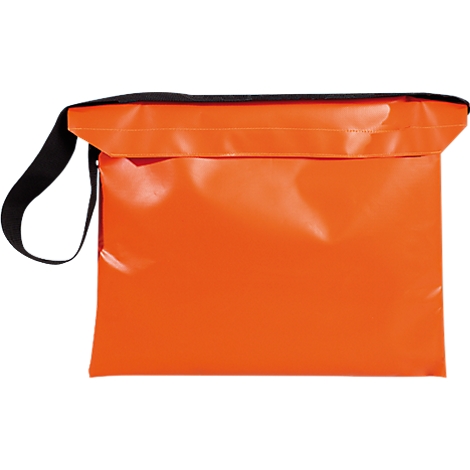 Oranje tas met zwarte schouderriem. Hij is gesloten en licht gekanteld.