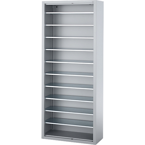 Een grijze archiefkast met horizontale planken.
