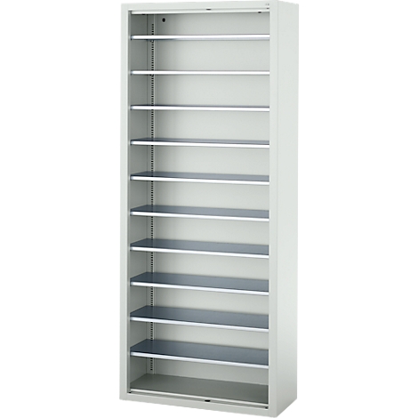 Witte kast met meerdere grijze planken. De grijze planken worden gescheiden door metalen staven.