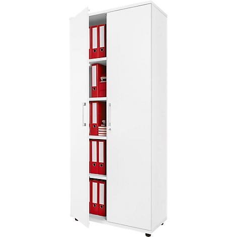 Witte archiefkast met open deur. Rode mappen in de schappen.