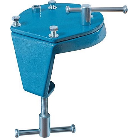 Blauwe gereedschapsklem met schroeven en handvat.