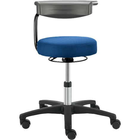 Draaistoel met blauwe zitting, grijze rugleuning, zwart frame en wielen.