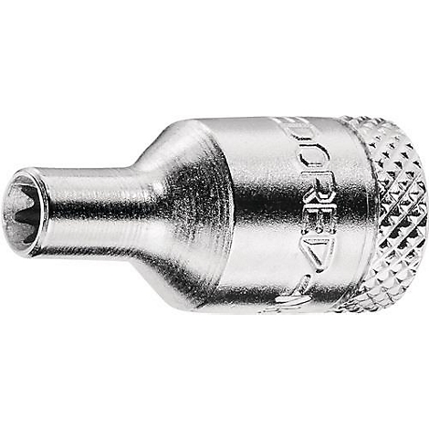 Close-up opname van een metalen torx bit. Een stervormig patroon is zichtbaar aan het uiteinde, de rest is gekarteld.