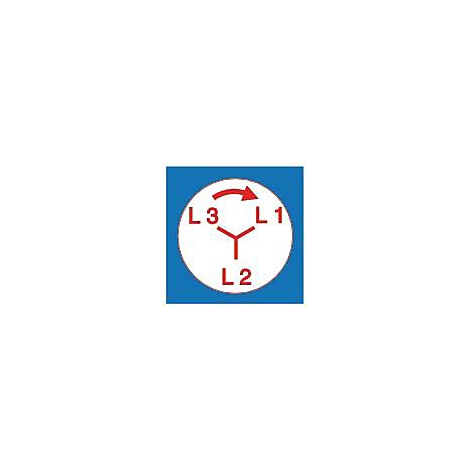 Symbool van een driefaseaansluiting: Een wit cirkelvormig symbool met de letters L1, L2 en L3, verbonden door lijnen. Een rode pijl geeft de draairichting aan.