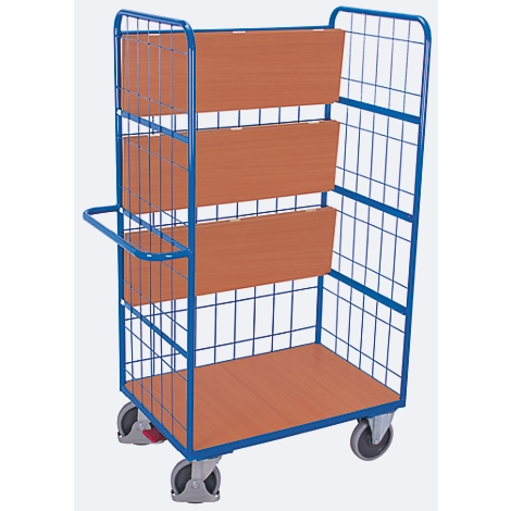 Blau-silberner Transportwagen mit Holzböden, seitlicher Griff und Rollen.