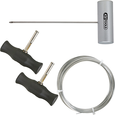 Werkzeug-Set: Haken, Metallkabel und ein Werkzeug mit T-Griff.