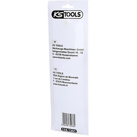 Die Rückseite einer Werkzeugverpackung. Oben steht der Name „KS TOOLS“. Darunter stehen die Kontaktinformationen des Unternehmens.