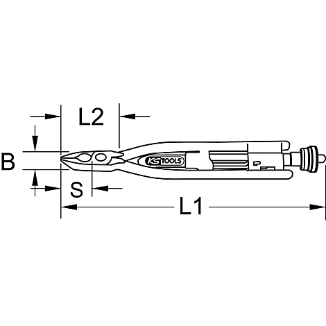 Zeichnung einer Zange. Es sind Maße mit den Bezeichnungen L1, L2, B und S eingezeichnet. Auf der Zange befindet sich der Schriftzug KS TOOLS.