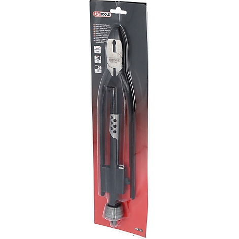 Zange in schwarzer Verpackung. Oben links KS TOOLS Logo. Die Zange ist silber und schwarz.