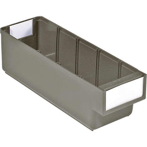 Gray plastic sorting box with four compartments and white label holders.