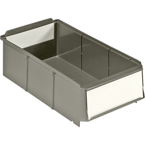Gray plastic box with white label. The interior is divided into three compartments. View from a slightly elevated perspective.