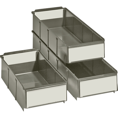Stackable, rectangular metal containers with white label fields.