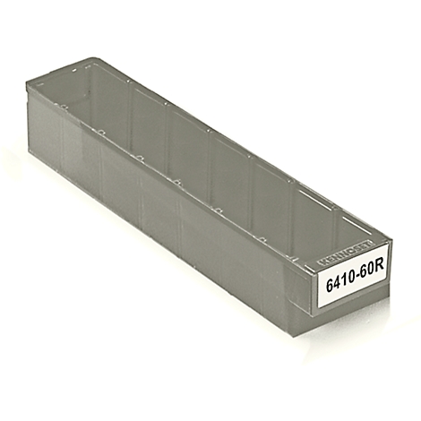 Gray plastic storage bin labeled 6410-60R.