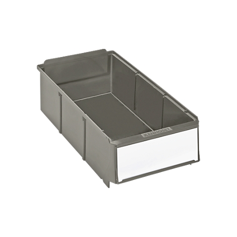 Gray storage box with large label. Angular shape, without content, against a white background.