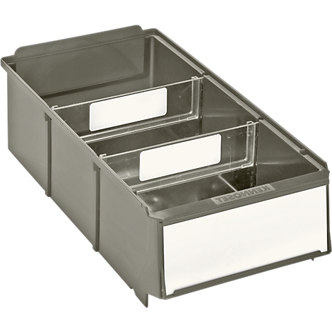 Gray plastic organizer, three-part, with white labels and transparent dividers.