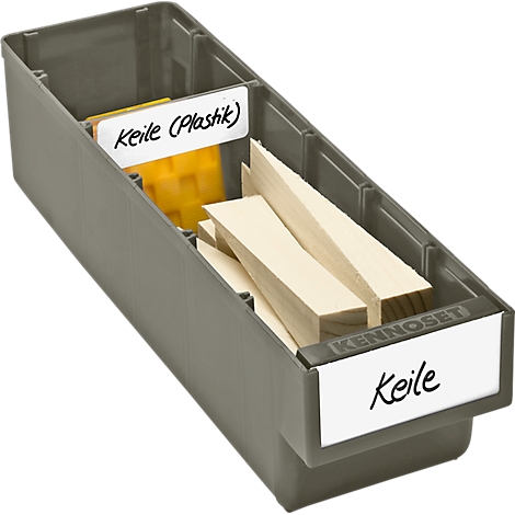 Gray plastic box containing wooden and plastic wedges. Labeled: Wedges (Plastic) and Wedges.