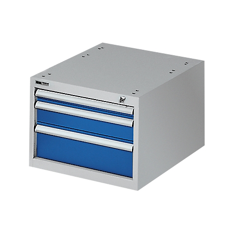 Grey tool cabinet with three blue drawers, silver handles and a lock.