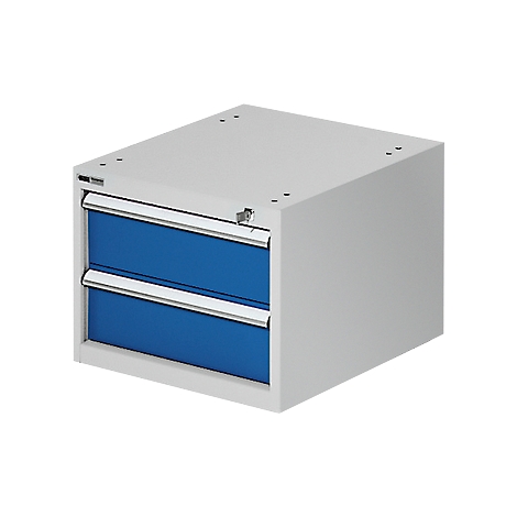 Grey cabinet with two blue drawers, metallic handles.