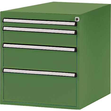 Green tool cabinet with four drawers, silver handles and a keyhole.