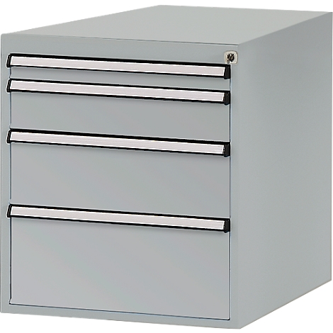 Grey file cabinet with three drawers. Handles and key detail are visible.