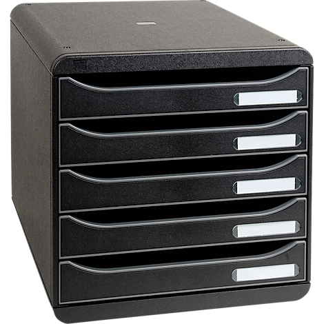 Black file cabinet with five drawers and white labels. Rounded corners, minimalist design.