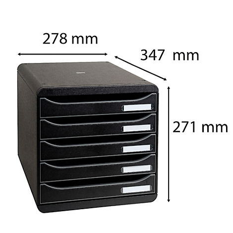 Black drawer cabinet with 5 drawers and dimensions: 278 mm x 347 mm x 271 mm.