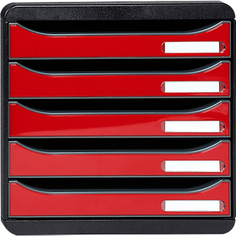 Black and red letter tray with 5 compartments, label holders.