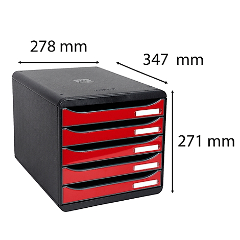 Black office drawer cabinet with red drawers and size indications. Labelling fields in white.