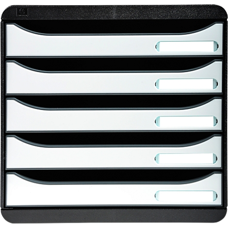 Black multi-tiered document filing system. It has five white drawers with small rectangular labels.