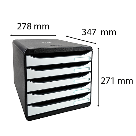 Black office filing cabinet with 5 drawers. Dimensions 278 x 347 x 271 mm are indicated.