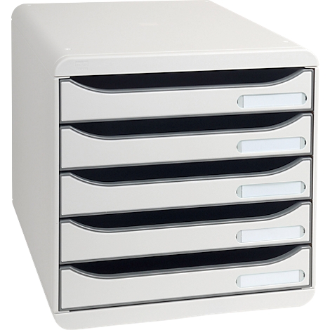 White office filing system with five drawers, each with a label field.