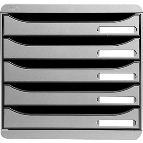 Gray letter tray with five compartments, each with a white name tag.